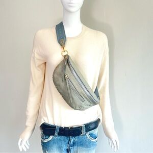 HAMMITT Charles Denim Gray Pebble Leather Strap Sleek Chest Belt Bag Crossbody